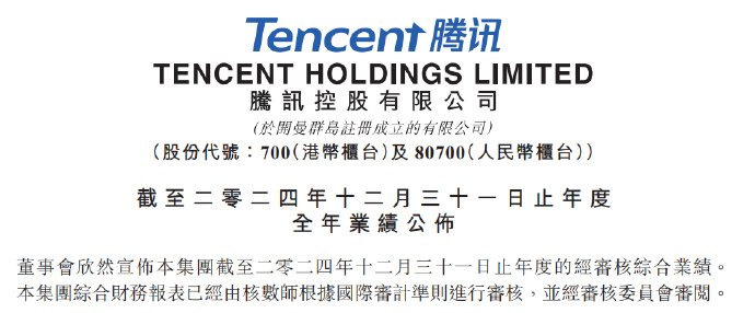 腾讯发布2024年度财报：全年游戏收入共计1977亿元